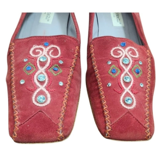 Bruno Magli Suede Embroidered Loafers Red Italy Square Toe Women’s Shoes Sze38.5 - Picture 3 of 10